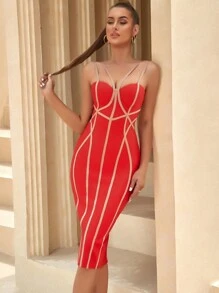 Contrast Binding Bandage Dress - Red - View 1