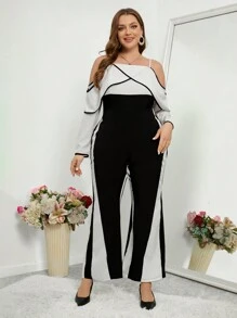 SHEIN Privé 女士加大碼浪漫優雅情人節肩帶荷葉邊露肩色塊連身褲 - 黑與白 - 查看 6