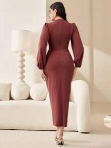 Modelyn 女款純色燈籠袖褶襉修身連身裙 - 珊瑚粉 - 查看 2