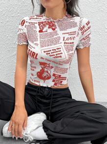 SHEIN EZwear Newspaper Print Lettuce Edge Cropped Top - Red - View 3
