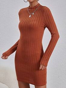 SHEIN Essnce Dệt kim Của phụ nữ Đứng cổ áo Váy bodycon - Rỉ Nâu - Xem 4