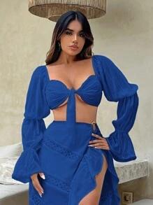 SHEIN SXY 打結前短裝上衣,飄逸袖口 - 寶藍色 - 查看 5