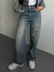 DAZY 拉链直筒牛仔裤，宽松牛仔裤 - 中等水洗藍 - 查看 3