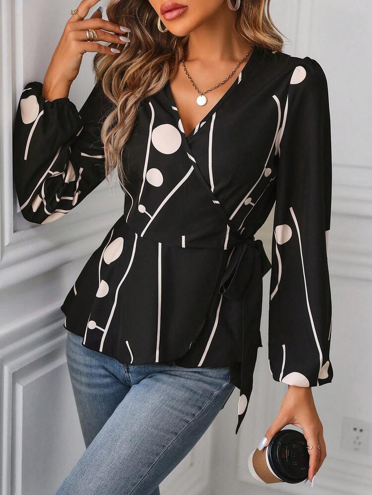 Polka Dot Print Wrap Front Blouse Fall Cloth For Women