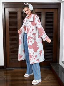 SHEIN EZwear Women's Furry Long Coat With Allover Printed Lapels - Pink - View 4