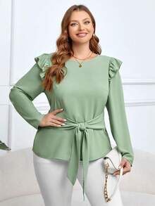 SHEIN Clasi Kích thước lớn Của phụ nữ Viền Ruffle Trang trí Nơ Màu xanh lá Áo sơ mi - màu xanh lá - Xem 2