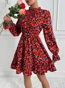 SHEIN Privé Ruffled Hemline & Heart Print Tie Collar Dress - Multicolor - View 1