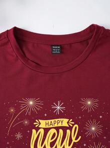 SHEIN EZwear 女新年標語印花短袖t卹 - 紅木色 - 查看 5