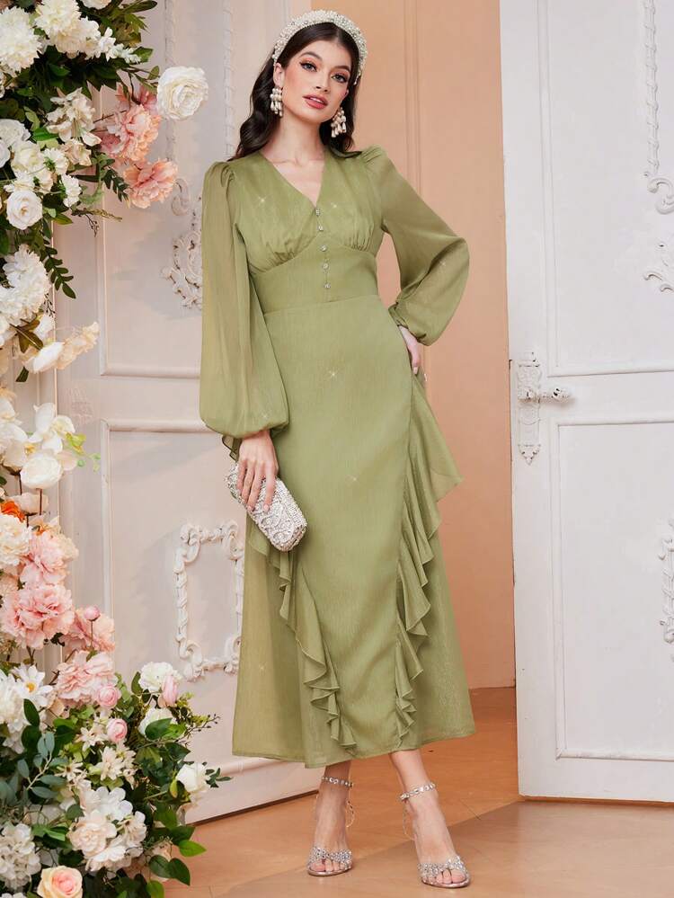 Women'S Ruffle Hem Lantern Sleeve Dress