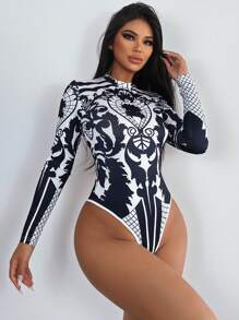 Zolique Full Print Long Sleeve Bodysuit Fall Cloth For Women - Blue and White - View 5