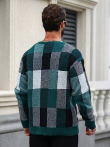 男士格紋圓領毛衣 - 軍綠色 - 查看 2