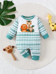 SHEIN Baby Boys' Cute Animal Printed Long Sleeve Jumpsuit, Winter - Multicolor - View 1