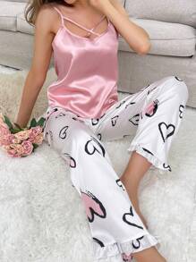 Damen Solider Farbe Ärmelloses Camisole Und Mit Herzdruck Hose Pyjama Set