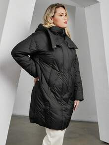 帶口袋和側面條紋的加大碼帽子羽絨夾克 - 黑色 - 查看 3