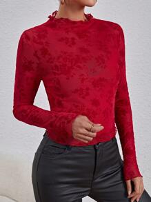 SHEIN Privé 女士天鵝絨網紗t恤 - 紅色 - 查看 6