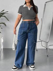 SHEIN EZwear 大尺碼女士條紋拼接白襯衫 - 黑與白 - 查看 4