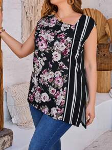 EMERY ROSE 大尺碼花卉印花條紋拼布不對稱下擺 T 卹 - 彩色 - 查看 3