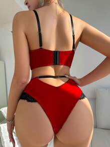 女士拼接蕾絲內衣套裝(帶鋼圈胸罩和底褲) - 紅色 - 查看 2