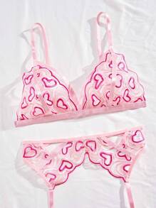 Women'S Sexy Lingerie Set With Heart Embroidery - Pink - View 4