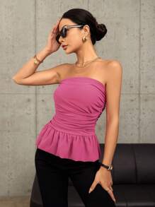 GENKIRA Của phụ nữ Xếp li Xù Hoa Sen Áo không dây - Hồng - Xem 3