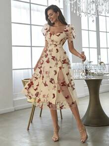 Double Crazy Sweetheart Neck Balloon Sleeve Butterfly Embroidered Tulle Party Dress - Apricot - View 3