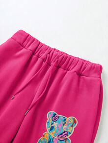 SHEIN EZwear 卡通印花保暖連帽運動衫和褲子套裝 - 玫紅色 - 查看 4