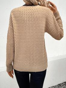 SHEIN LUNE Ladies' Lace Spliced Zipper Detail Texture Knit Pullover Fall Winter Sweater - Khaki - View 2