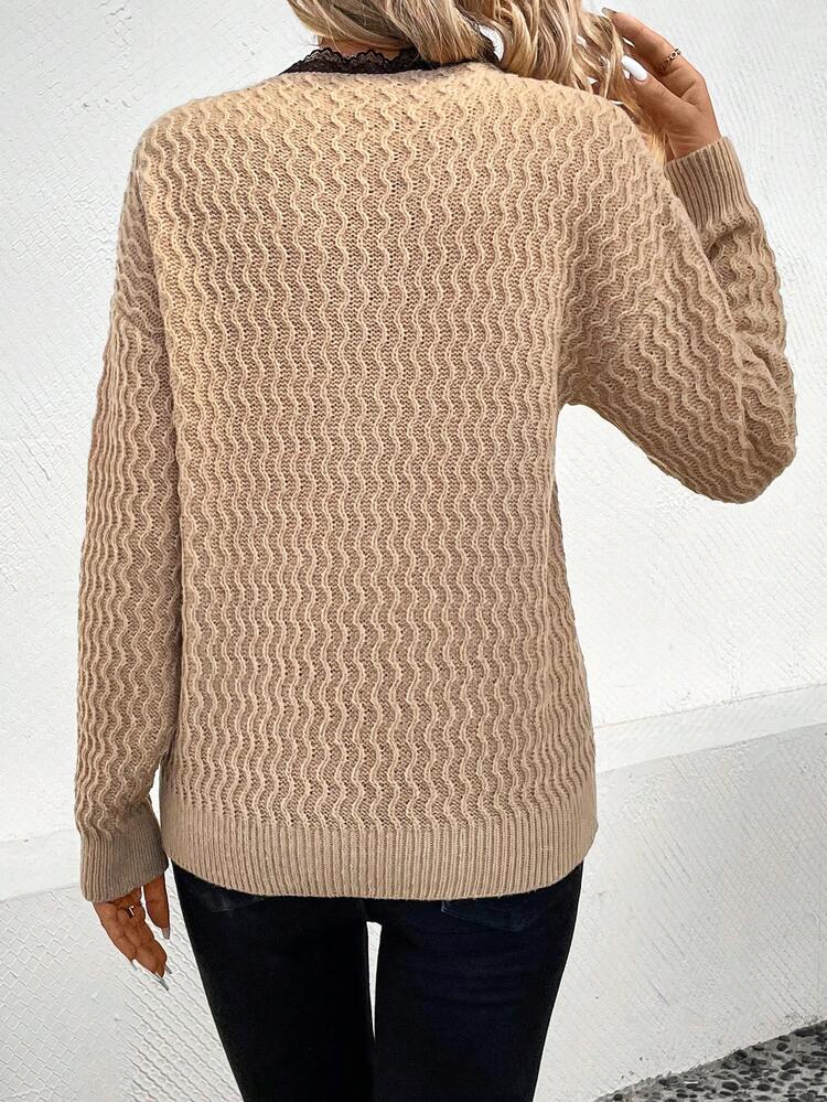 Ladies' Lace Spliced Zipper Detail Texture Knit Pullover Fall Winter Sweater