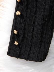 SHEIN Tween Girls' Dệt kim màu trơn cổ áo đứng chắp vá lưới thêu sợi váy tay áo bằng thịt cừu, không bao gồm thắt lưng - màu đen - Xem 6