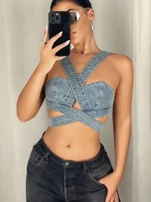 SHEIN ICON 女款交叉肩帶短版牛仔上衣 - 淺色水洗藍 - 查看 5