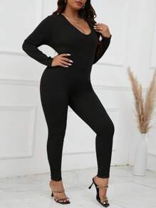 SHEIN CURVE+ Mono De Talla Grande De Manga Larga Con Cuello Redondo - Negro - Ver 7