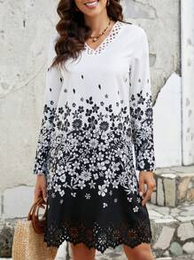 EMERY ROSE Robe À Manches Longues Et Col En V À Motif Floral - Noir et Blanc - Voir 6