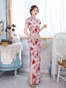 Fikoo 粉色复古碎花女士旗袍连衣裙 - 新娘旗袍，优雅中式长款旗袍，女士夏季长款晚礼服，短袖侧开衩，适合婚礼宾客、花园派对、文化活动和正式场合，女士度假服装 - 粉色 - 查看 1