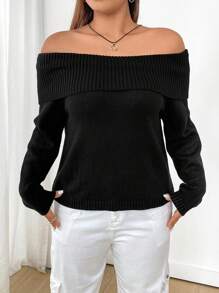 Flirla 大尺碼長袖露肩針織衣 - 黑色 - 查看 6