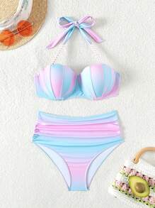 DAZY Women's Gradient Color Halter Neck Separated Bikini Set With Shell Cups Summer Beach - Multicolor - View 7