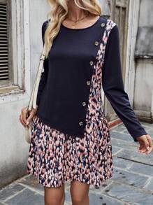 SHEIN LUNE Print Patchwork Button Detail Dress - Navy Blue - View 3