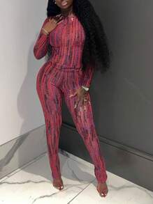 Brush Pattern Long Sleeve Slim Fit Top And Leggings Set - Multicolor - View 1