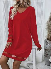 SHEIN LUNE 女士網格拼接長袖裙 - 紅色 - 查看 3