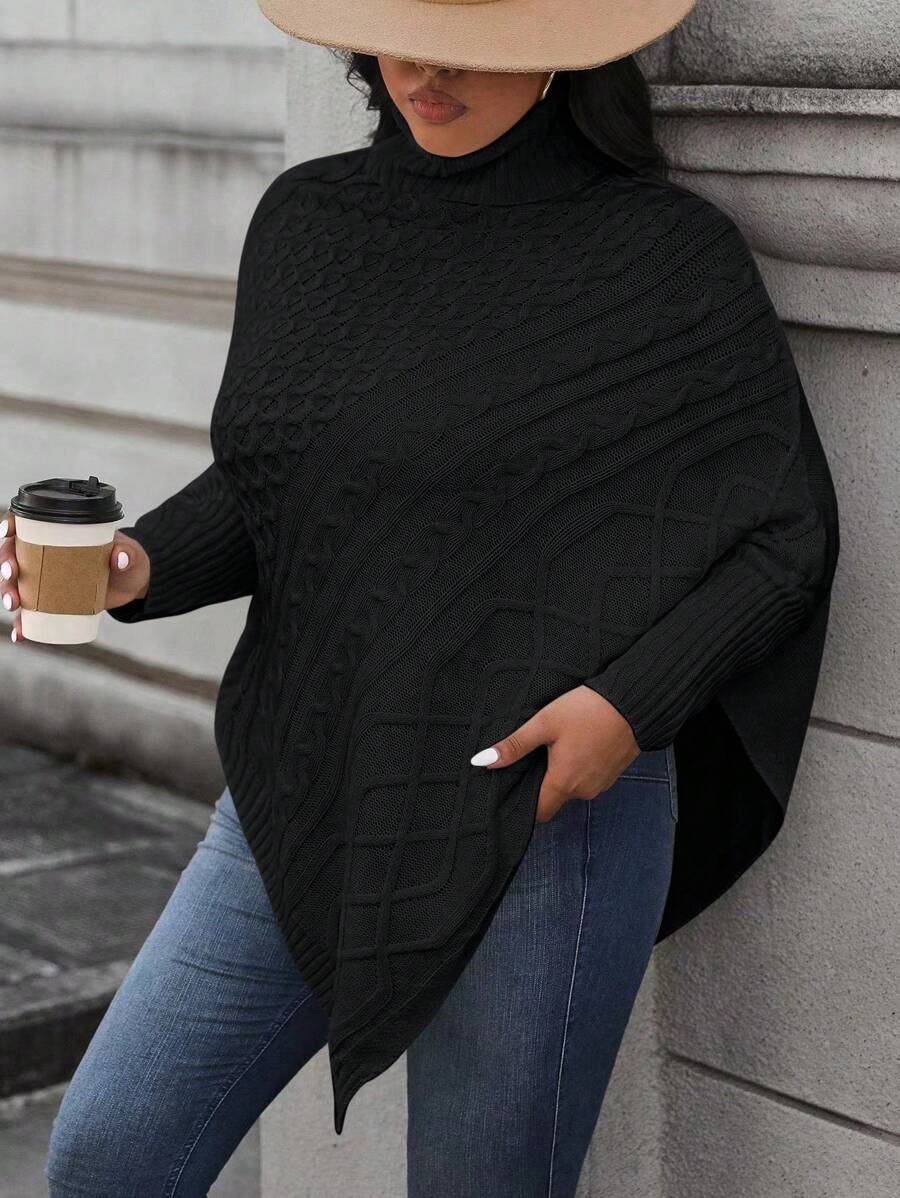 Calvaya 女款加大號扭結針織披肩毛衣 - 黑色 - 查看 1