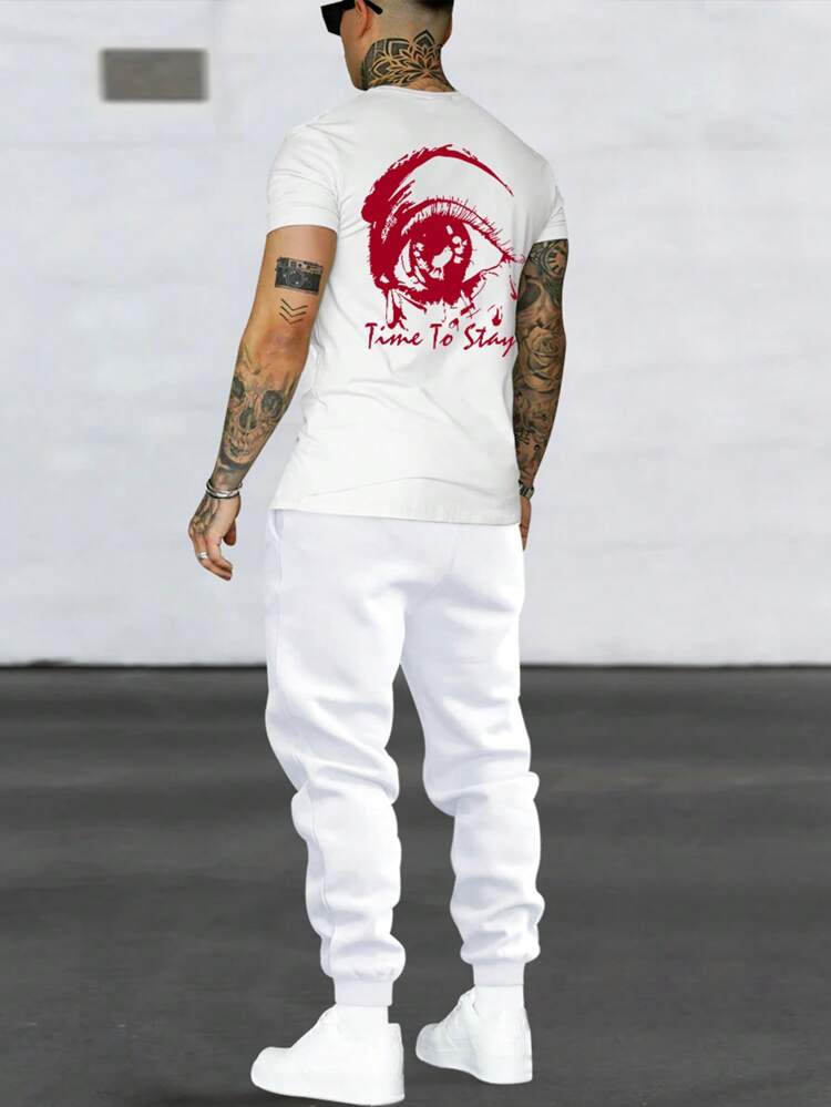 Men'S Plus Size Letter & Eye Printed T-Shirt And Pants Set