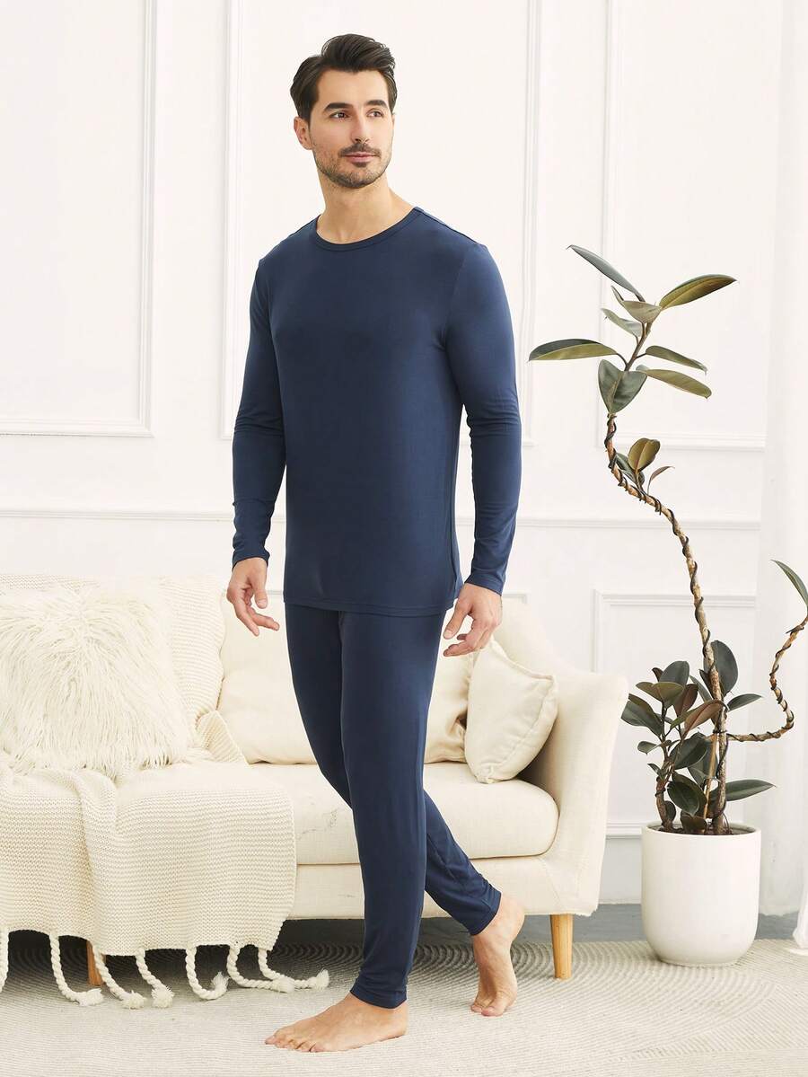 男士純色保暖基礎層褲 - 黑色 - 查看 1