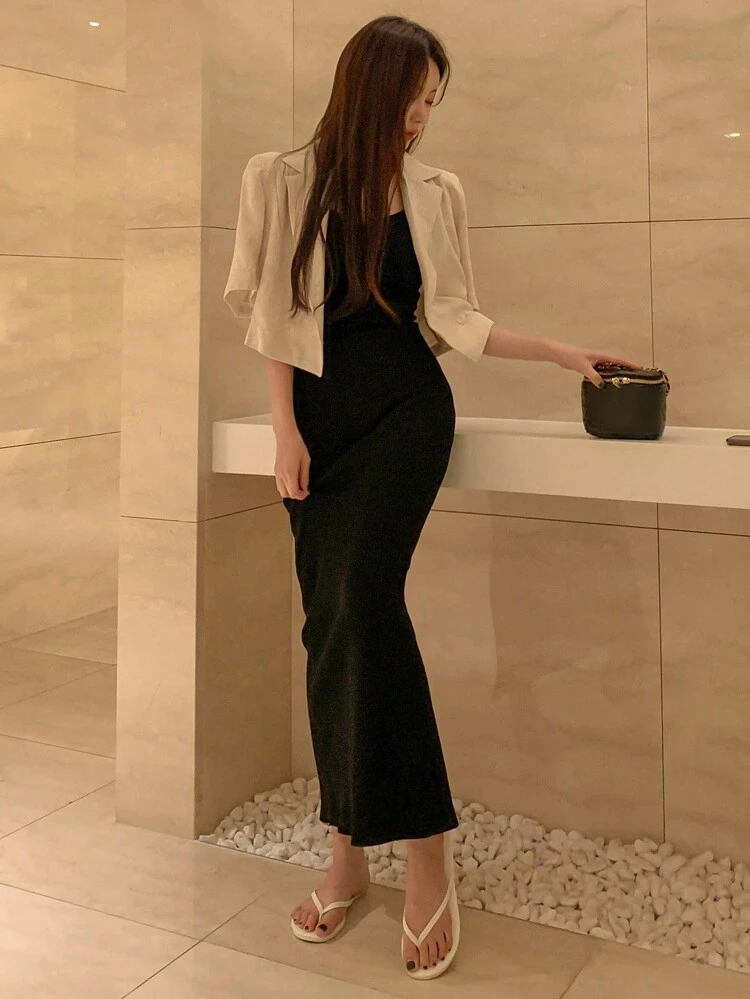 Women'S Solid Color Slim Fit Spaghetti Strap Dress Elegant Sundress