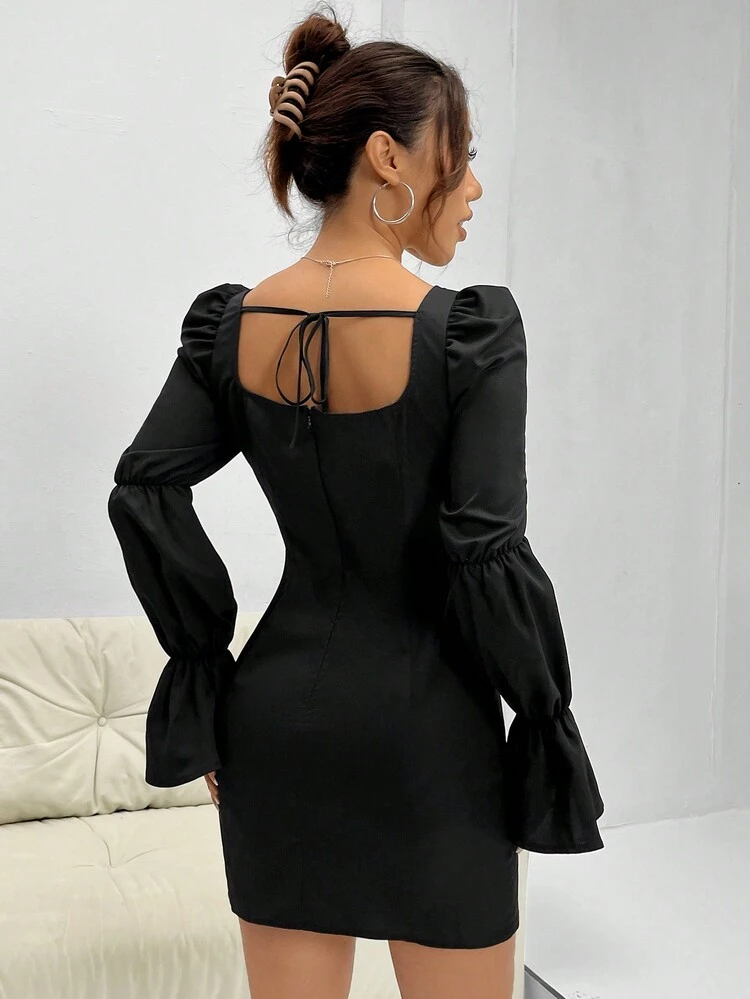 Women'S Square Neck Lotus Sleeve Dress Fall Cloth For Women