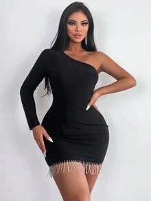 SHEIN Unity Women'S One Shoulder Long Sleeve Bodycon Dress - Black - View 3