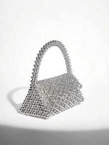 SHEIN BAE 豪華、優雅、女性時尚銀色珠片手提手袋、晚宴包,適用於情人節、派對、舞會、約會、假期 - 銀色 - 查看 3