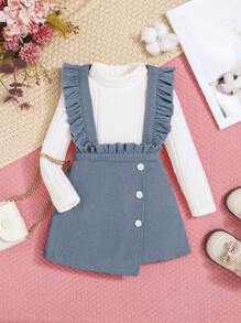 SHEIN 女嬰針織高領上衣和燈芯絨連身裙套裝,休閒風格 - 藍色 - 查看 1