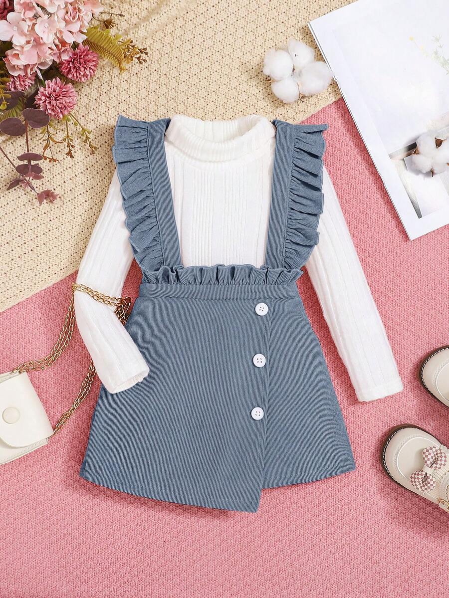 SHEIN 女嬰針織高領上衣和燈芯絨連身裙套裝,休閒風格 - 藍色 - 查看 1