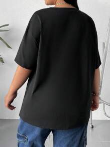 CovetEZ Plus Size Solid Color Drop Shoulder T-Shirt - Black - View 2