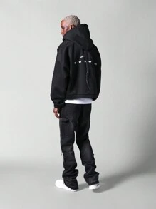 SUMWON 宽松版型连帽衫，背面有图案印花 - 黑色 - 查看 4