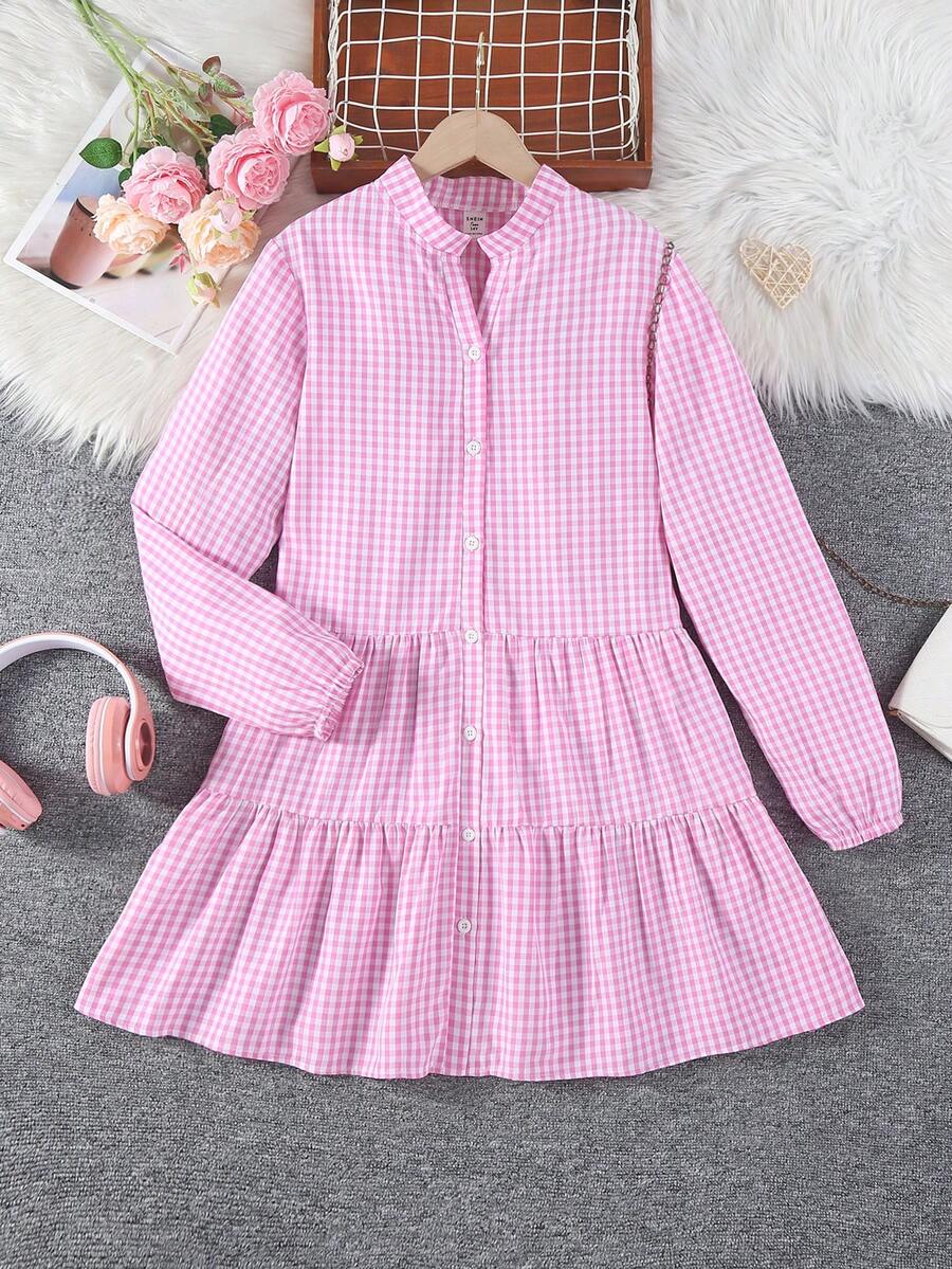 1 Miếng Cô gái Hoa văn kẻ sọc Tay áo dài Đầm Cho mùa xuân Và Mùa hè - Hồng - Xem 1